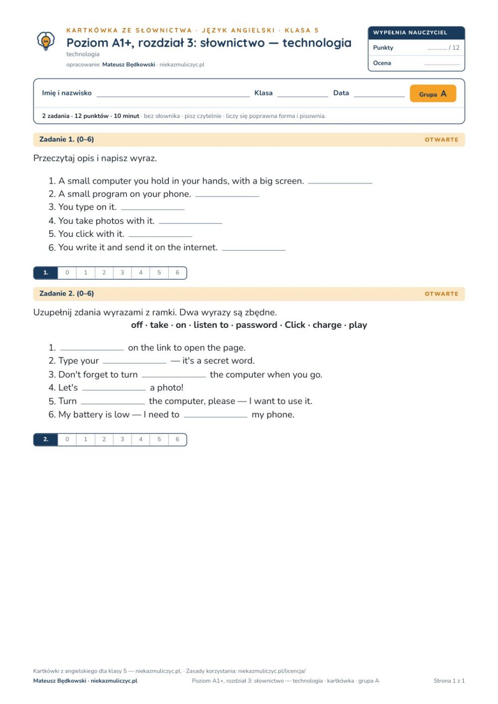 Kartkówka angielski klasa 5 A1+ unit 3: słownictwo: technologia — B–E — okładka