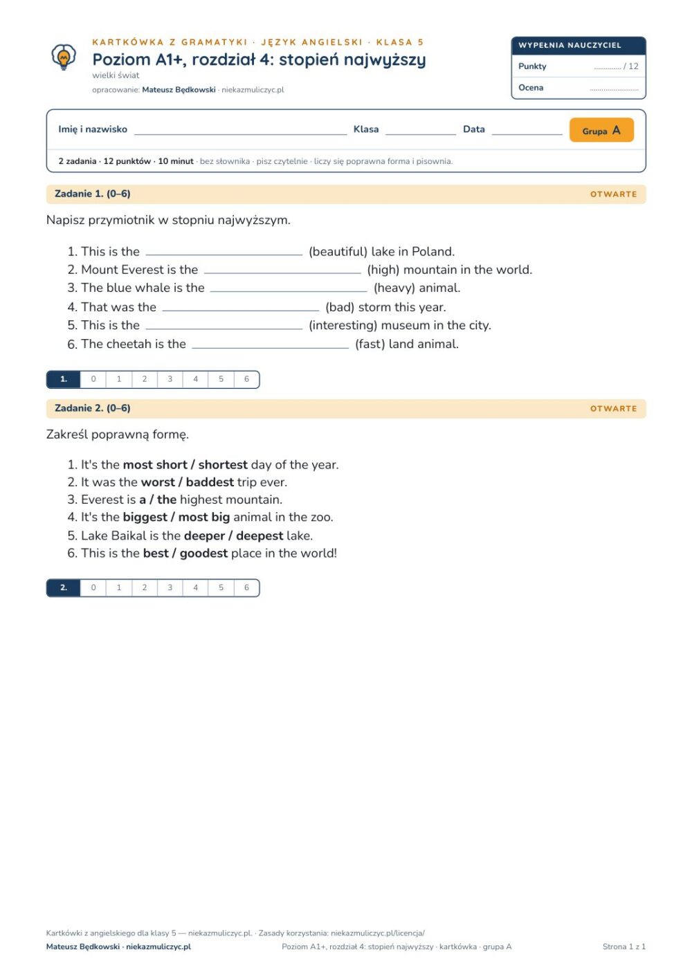 Angielski klasa 5 A1+ unit 4: gramatyka: stopień najwyższy — kartkówka — okładka