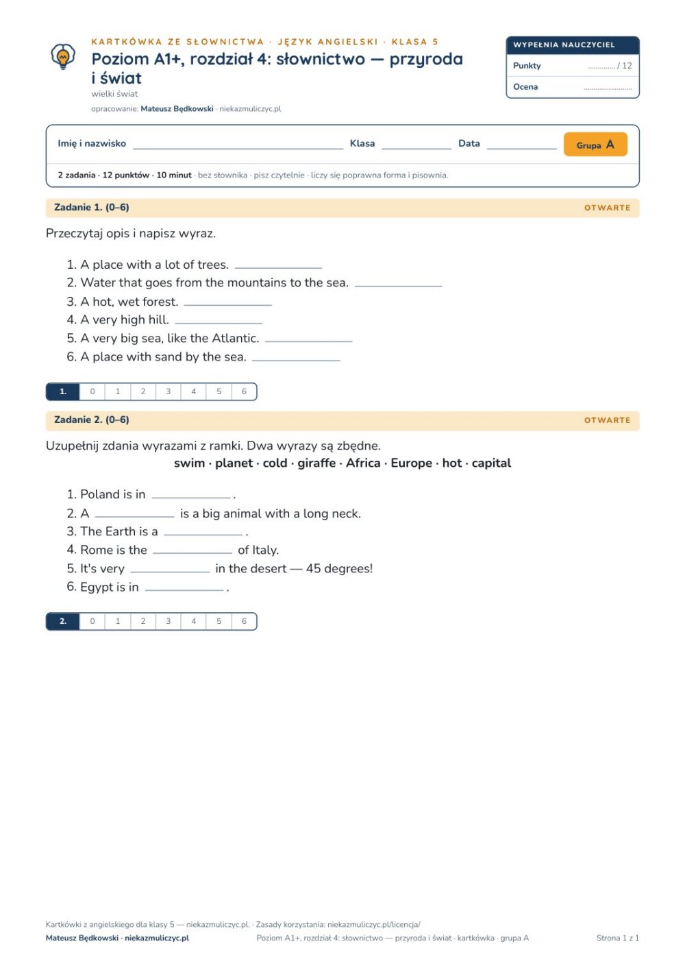 Angielski klasa 5 A1+ unit 4: słownictwo: przyroda i świat — kartkówka — okładka