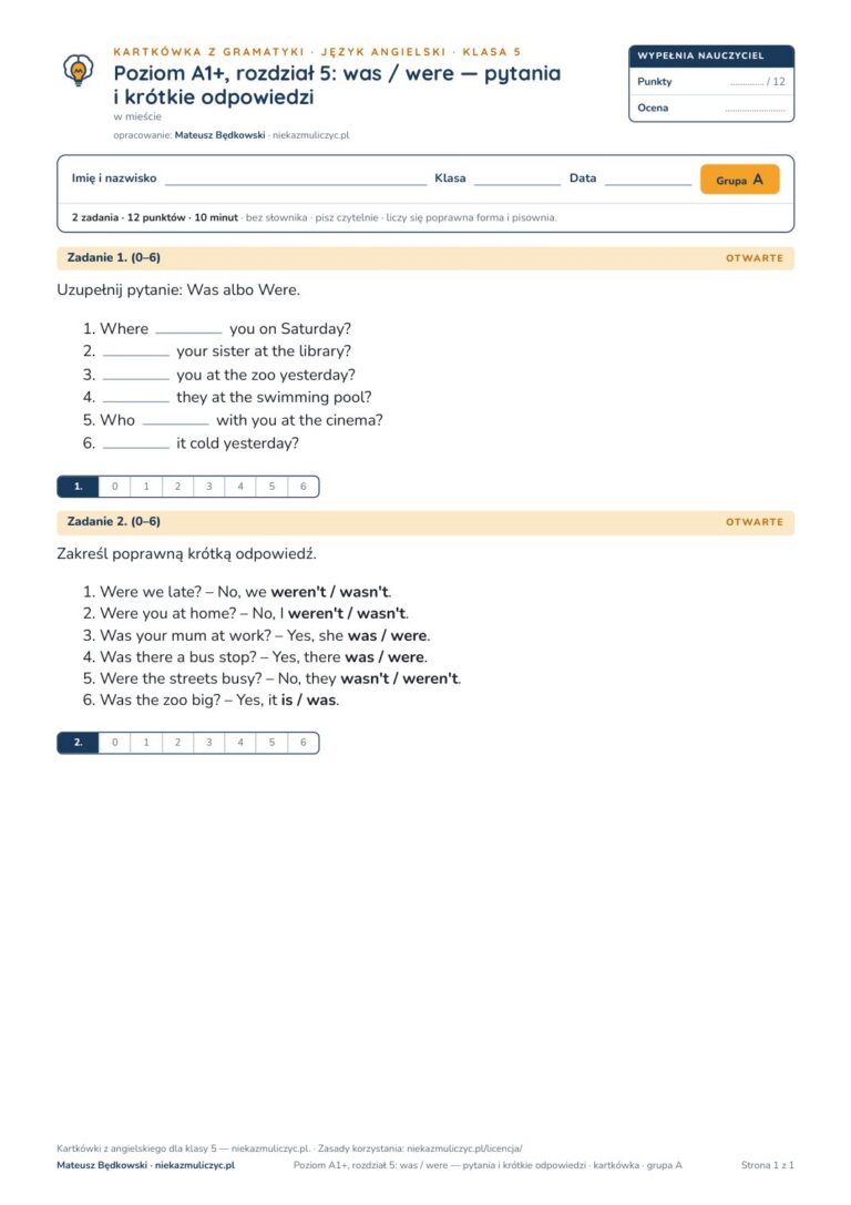 Kartkówka angielski klasa 5 A1+ unit 5: gramatyka 2 — B–E — okładka