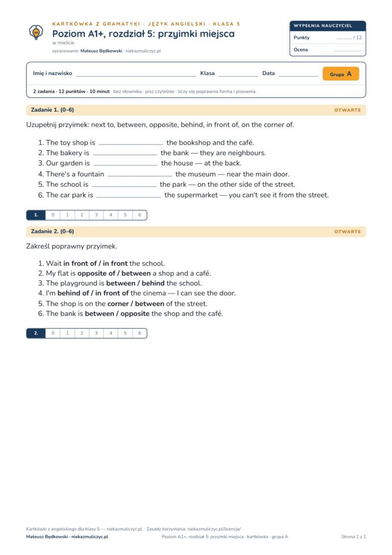 Angielski klasa 5 A1+ unit 5: gramatyka: przyimki miejsca — kartkówka — okładka