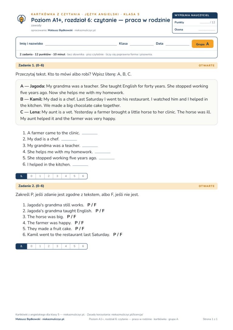 Angielski klasa 5 A1+ unit 6: czytanie: praca w rodzinie — kartkówka — okładka