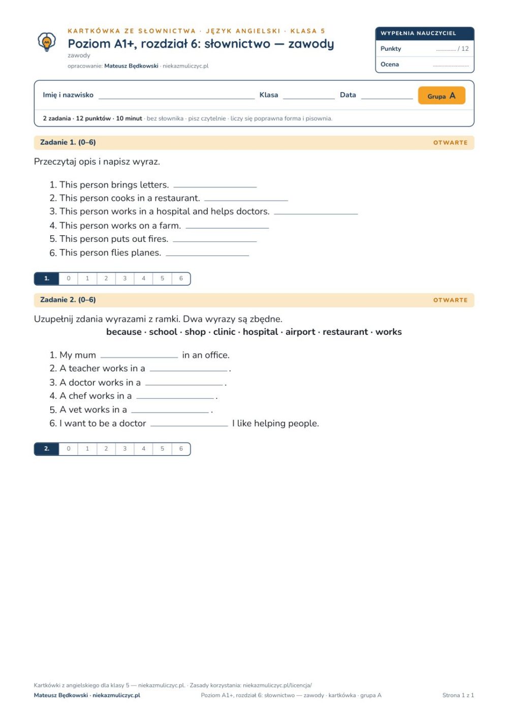 Kartkówka angielski klasa 5 A1+ unit 6: słownictwo: zawody — B–E — okładka