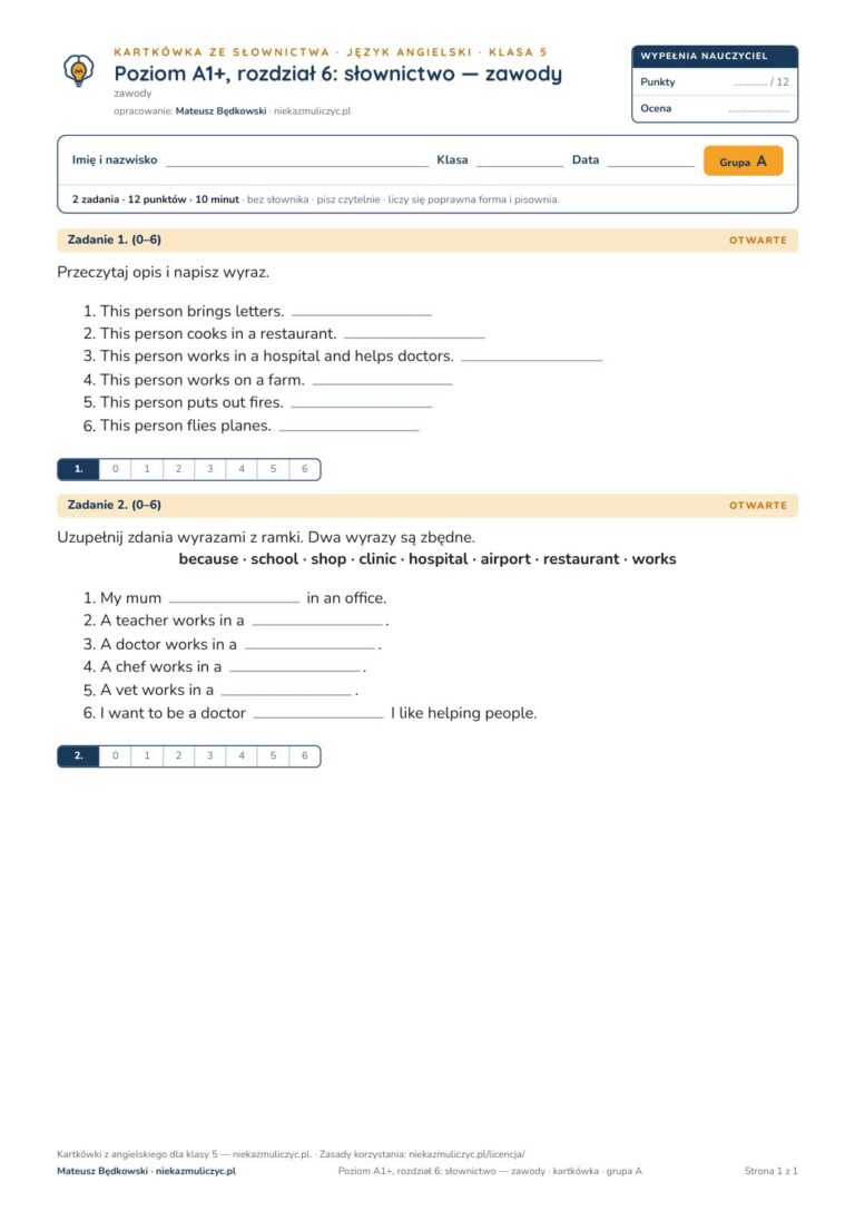 Kartkówka angielski klasa 5 A1+ unit 6: słownictwo: zawody — B–E — okładka