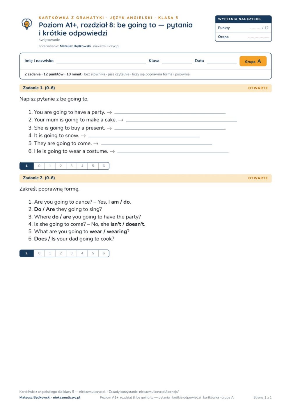 Kartkówka angielski klasa 5 A1+ unit 8: gramatyka 2 — B–E — okładka