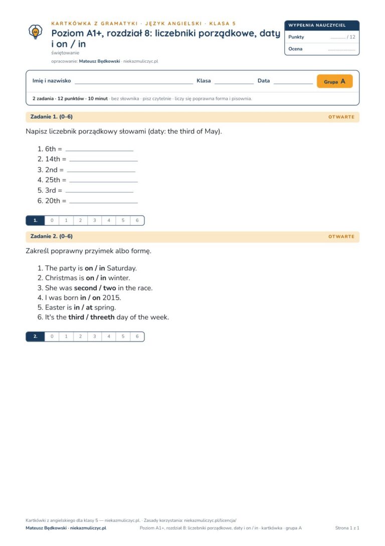 Kartkówka angielski klasa 5 A1+ unit 8: gramatyka — B–E — okładka