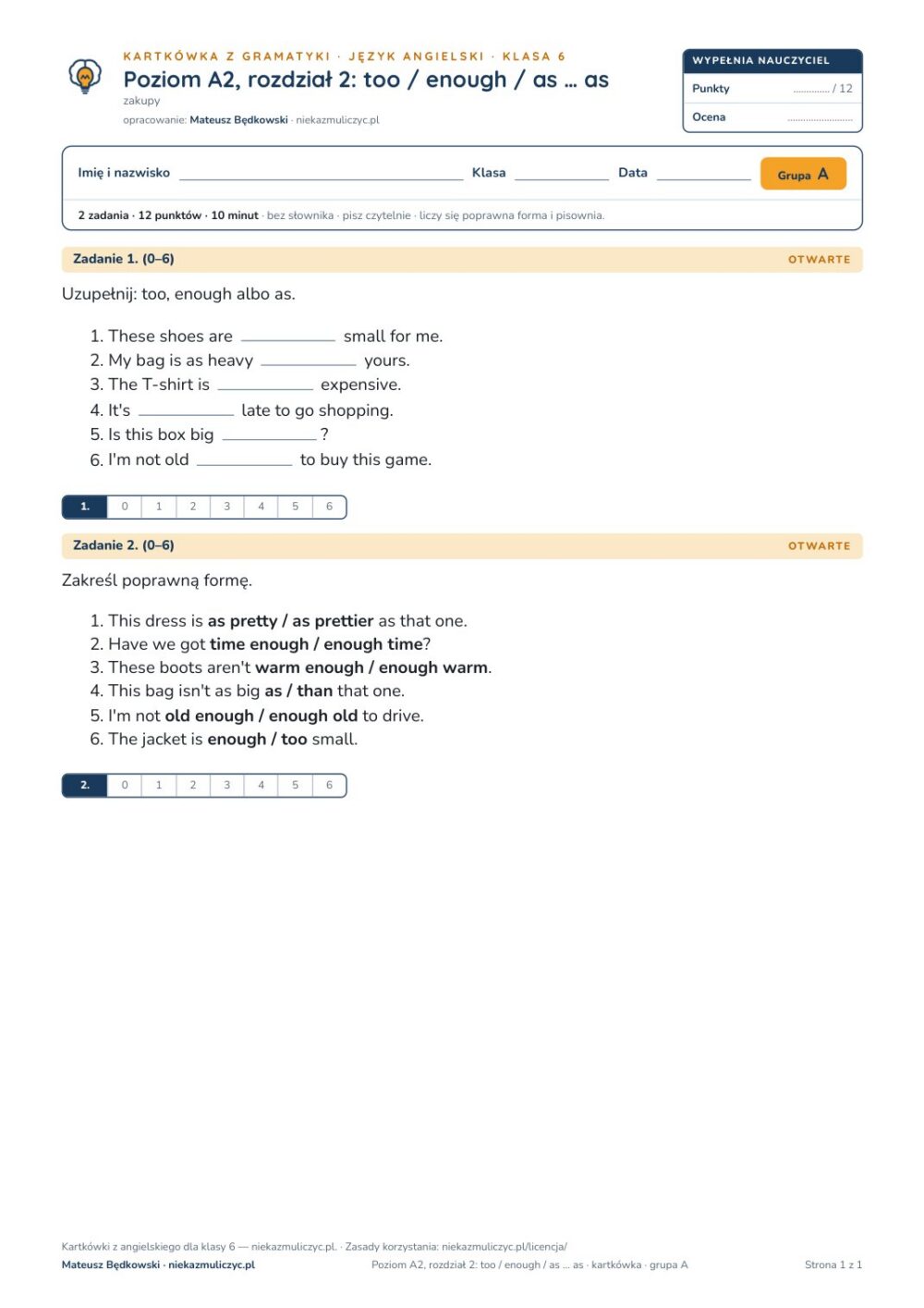 Kartkówka angielski A2 unit 2: gramatyka: too / enough / as … as — B–E — okładka