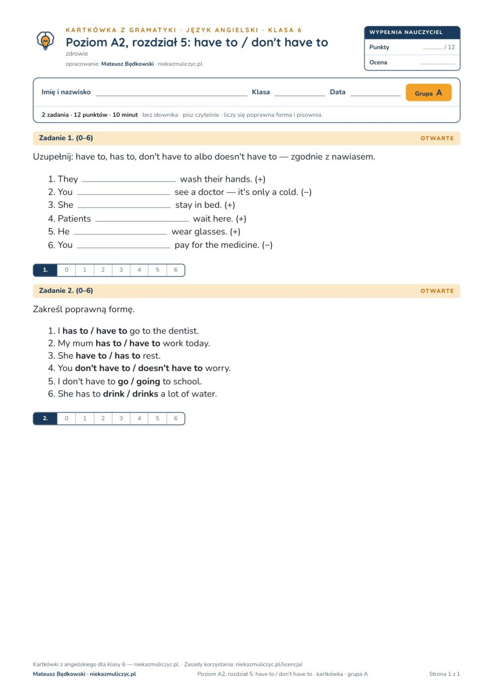 Angielski A2 unit 5: have to / don't have to — kartkówka — okładka