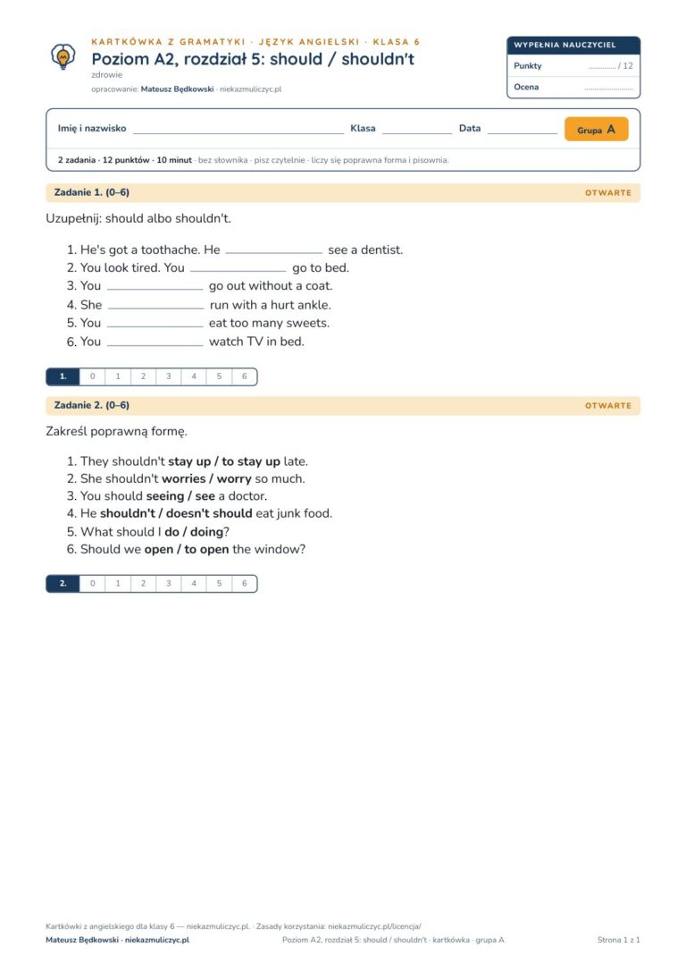 Angielski klasa 6 A2 unit 5: gramatyka: should / shouldn't — kartkówka — okładka