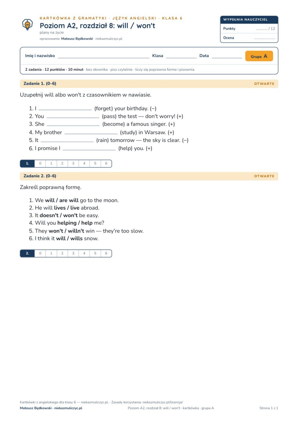 Kartkówka angielski klasa 6 A2 unit 8: gramatyka: will / won't — B–E — okładka