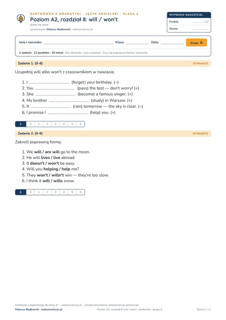 Kartkówka angielski klasa 6 A2 unit 8: gramatyka: will / won't — B–E — okładka