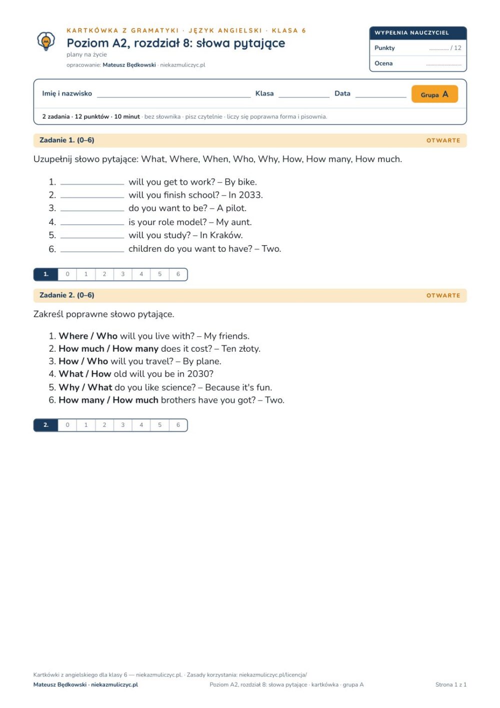 Kartkówka angielski klasa 6 A2 unit 8: gramatyka: słowa pytające — B–E — okładka