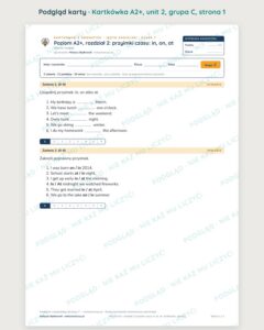 Angielski A2+ unit 2: przyimki czasu: in, on, at — kartkówka — podgląd karty, grupa C