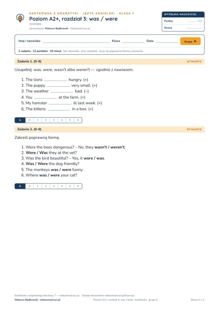 Kartkówka angielski klasa 7 A2+ unit 3: gramatyka: was / were — B–E — okładka