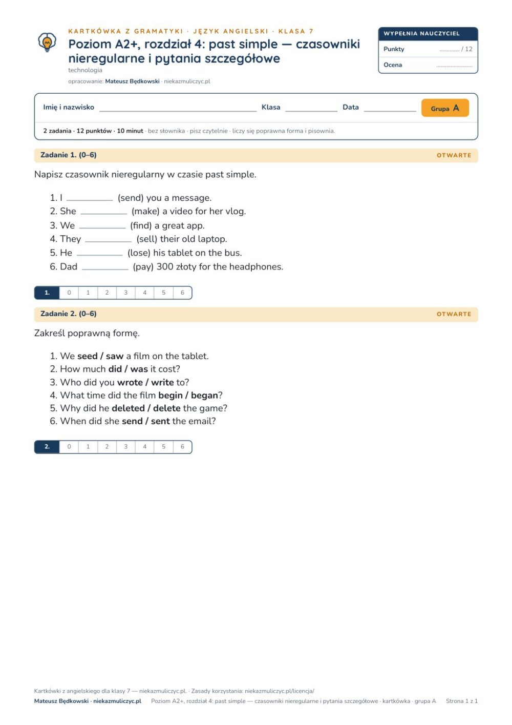 Angielski A2+ unit 4: past simple — kartkówka — okładka