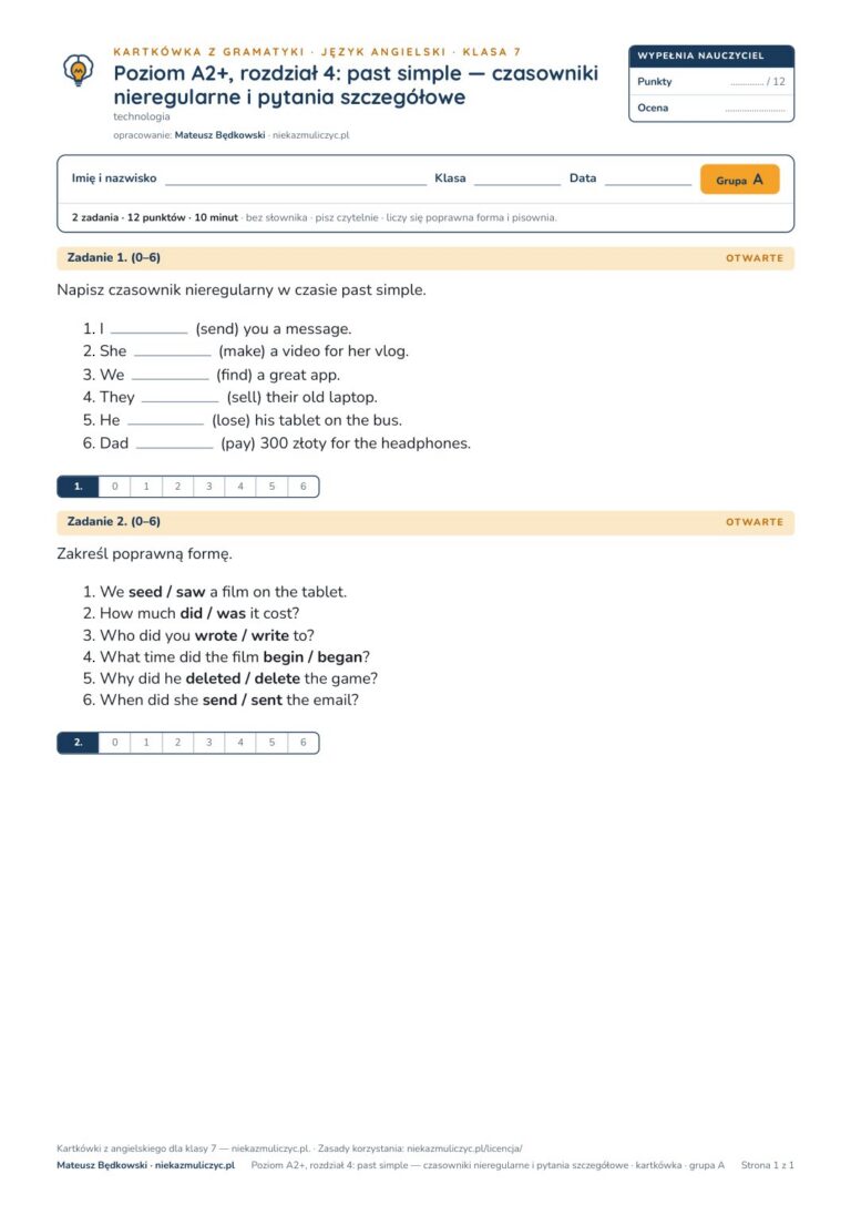 Angielski A2+ unit 4: past simple — kartkówka — okładka