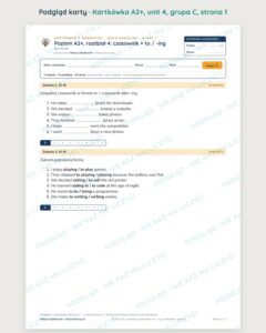 Kartkówka angielski A2+ unit 4: gramatyka: czasownik + to / -ing — B–E — podgląd karty, grupa C