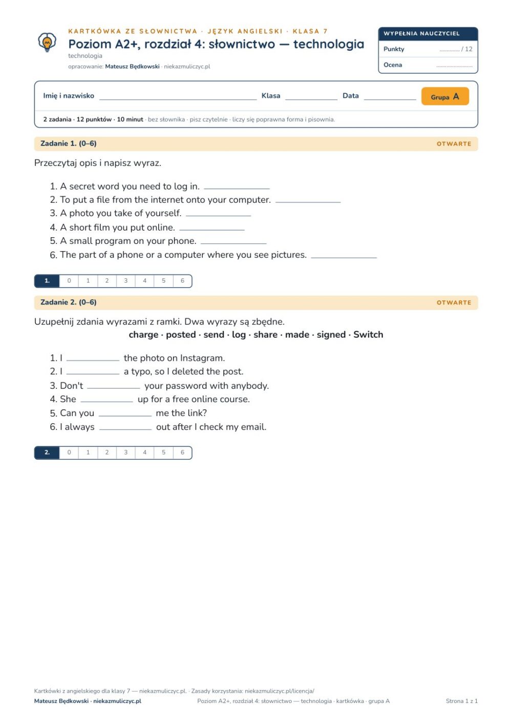 Kartkówka angielski klasa 7 A2+ unit 4: słownictwo: technologia — B–E — okładka