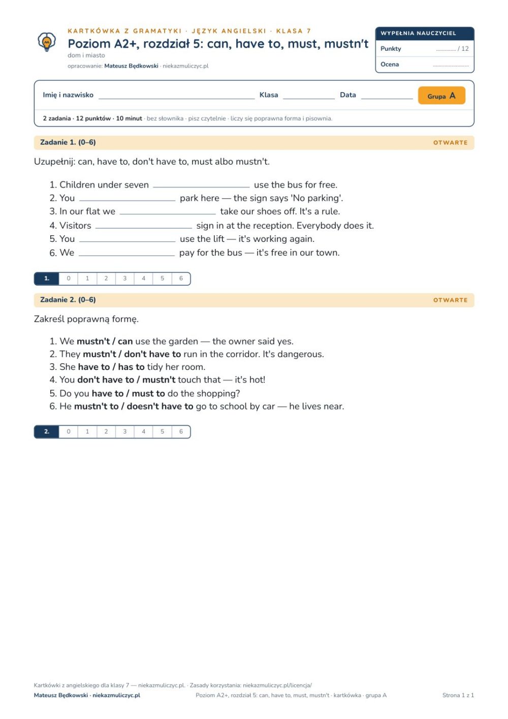Angielski A2+ unit 5: can, have to, must, mustn't — kartkówka — okładka