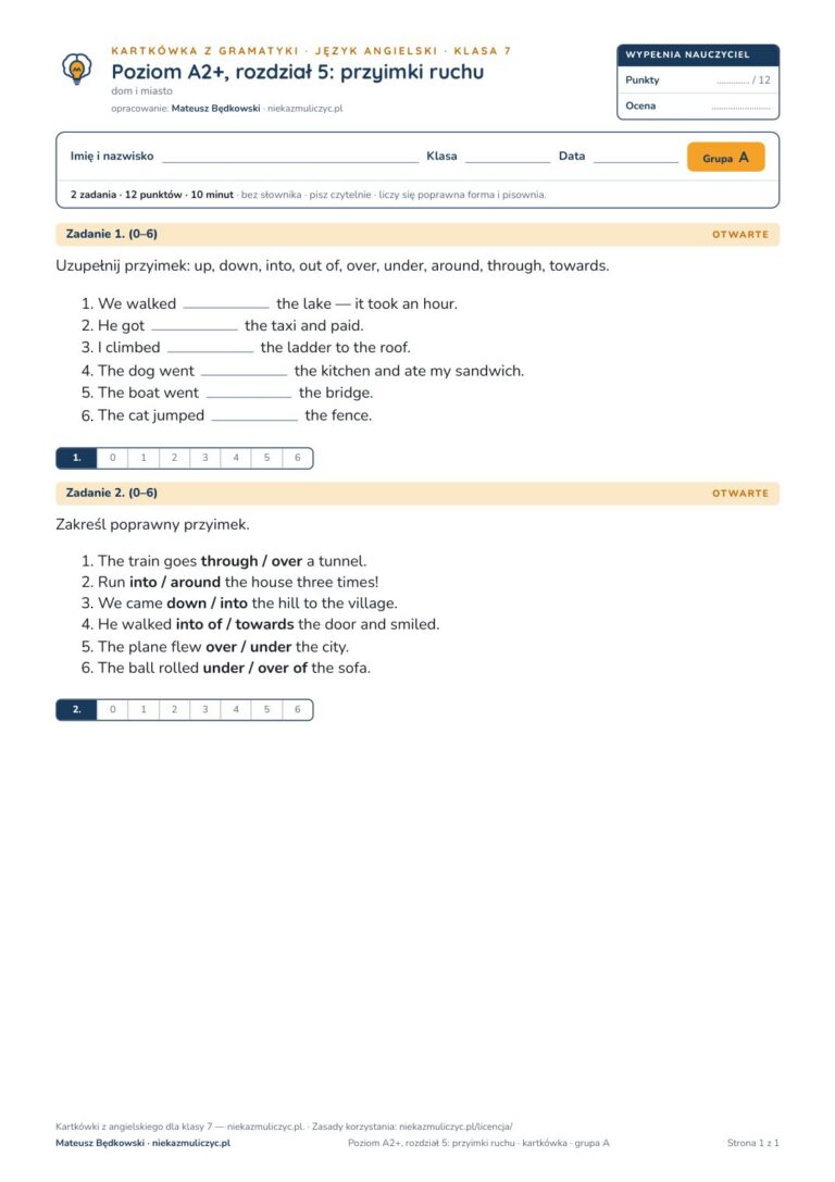 Angielski klasa 7 A2+ unit 5: gramatyka: przyimki ruchu — kartkówka — okładka