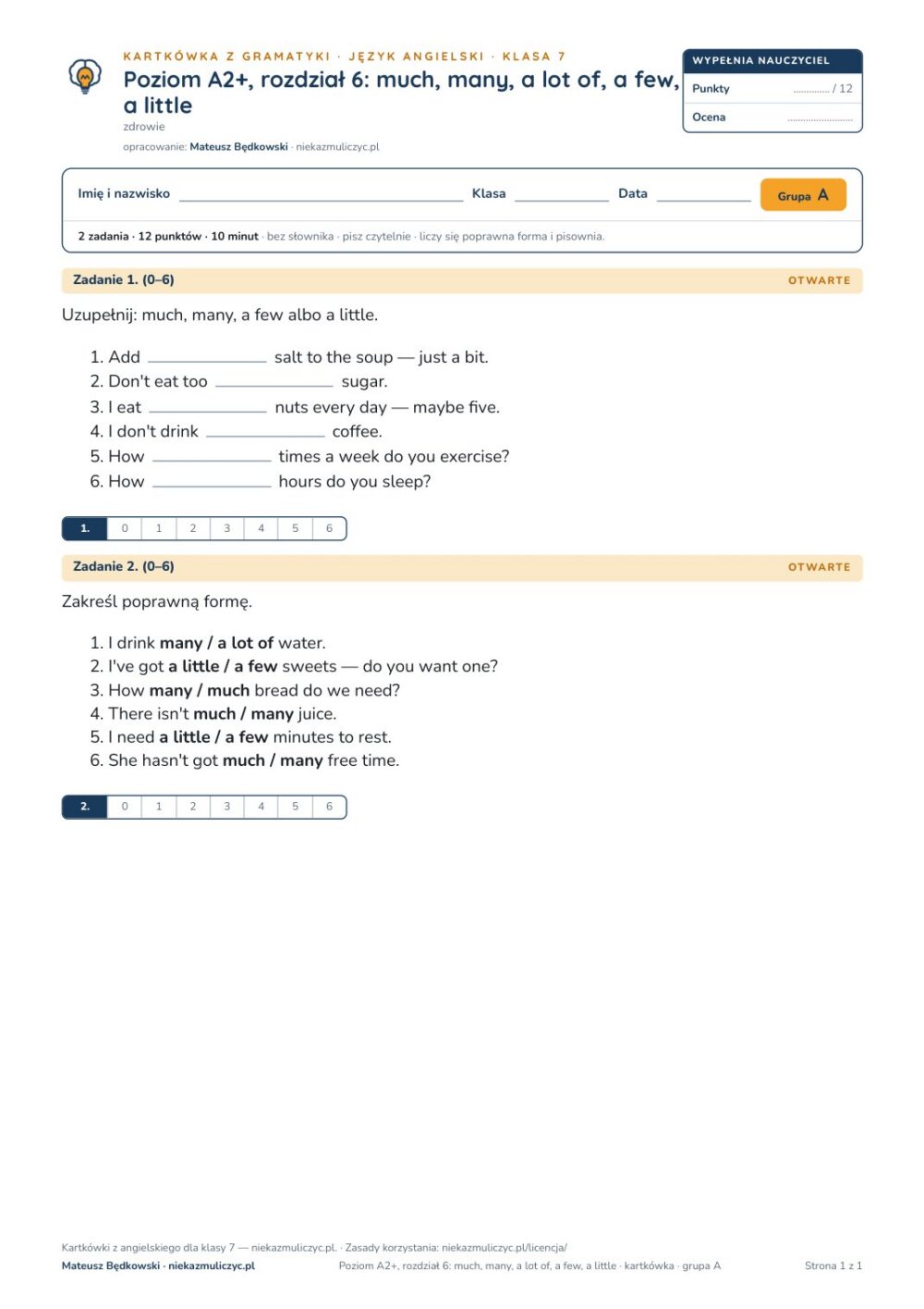 Kartkówka angielski klasa 7 A2+ unit 6: gramatyka — B–E — okładka