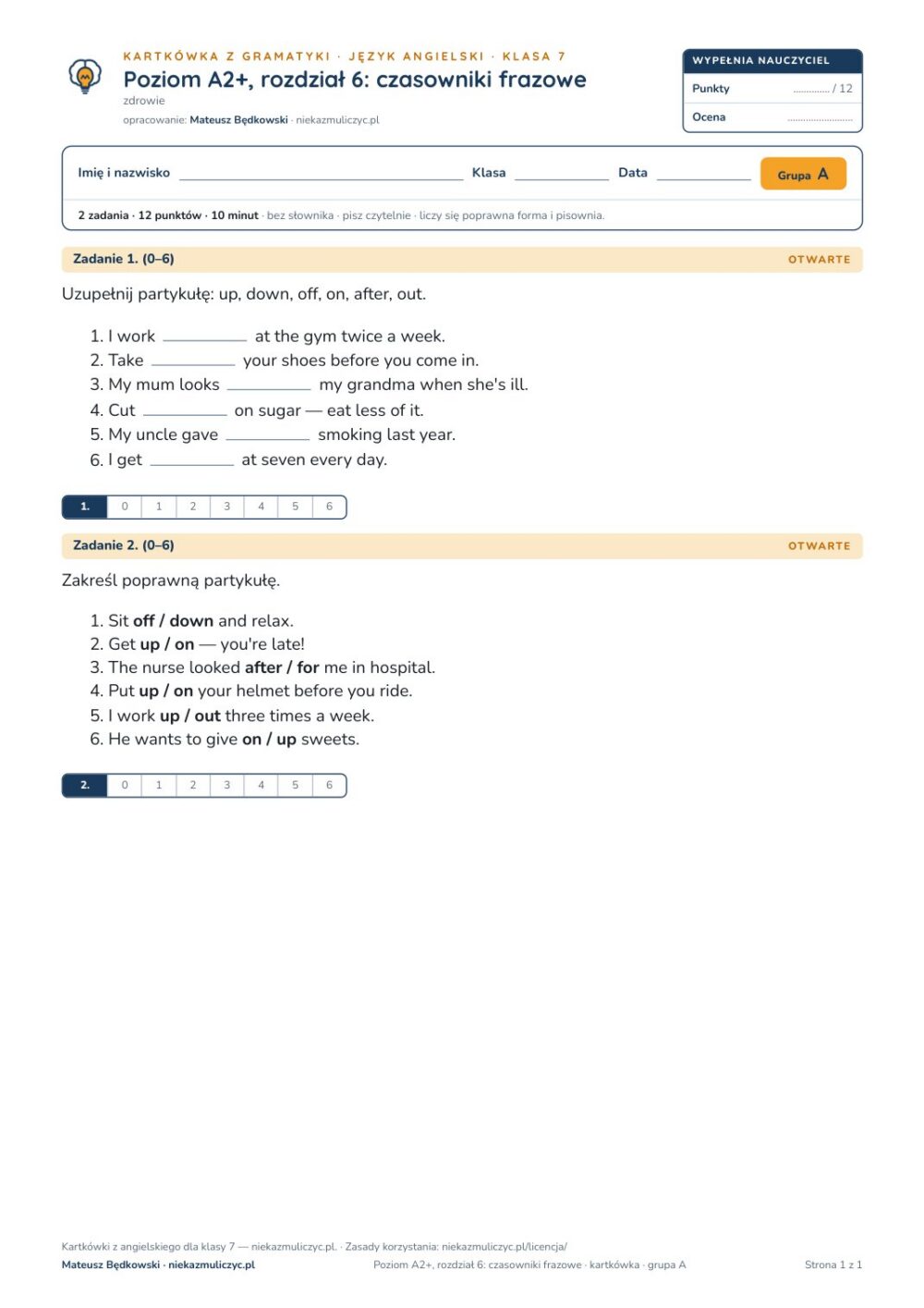 Kartkówka angielski A2+ unit 6: gramatyka: czasowniki frazowe — B–E — okładka