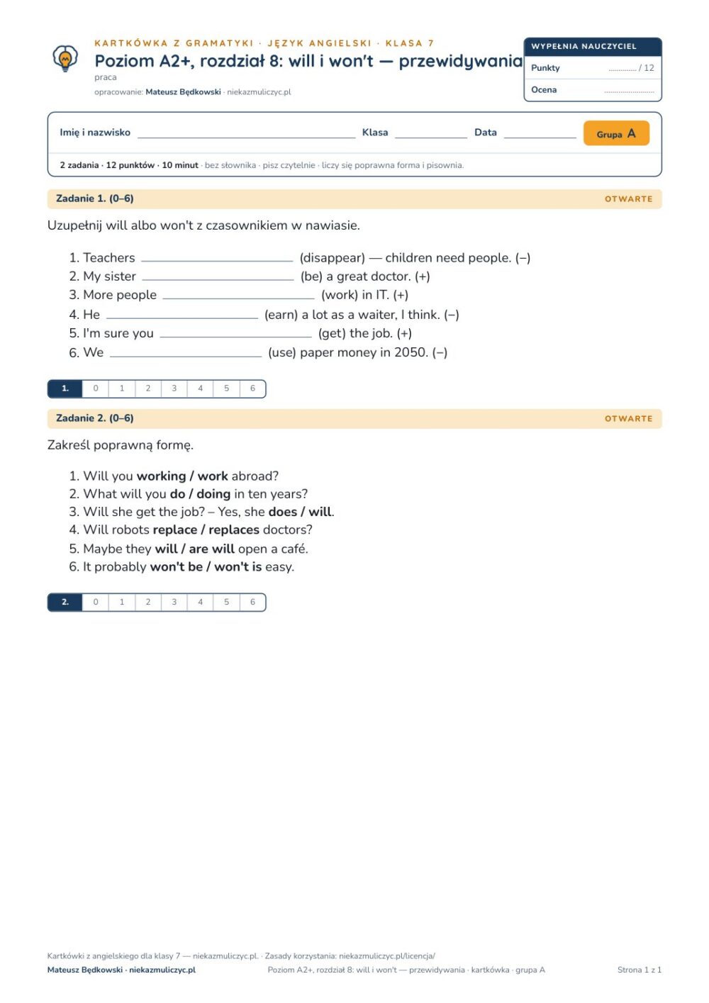 Angielski A2+ unit 8: will i won't — przewidywania — kartkówka — okładka