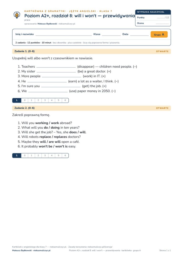 Angielski A2+ unit 8: will i won't — przewidywania — kartkówka — okładka