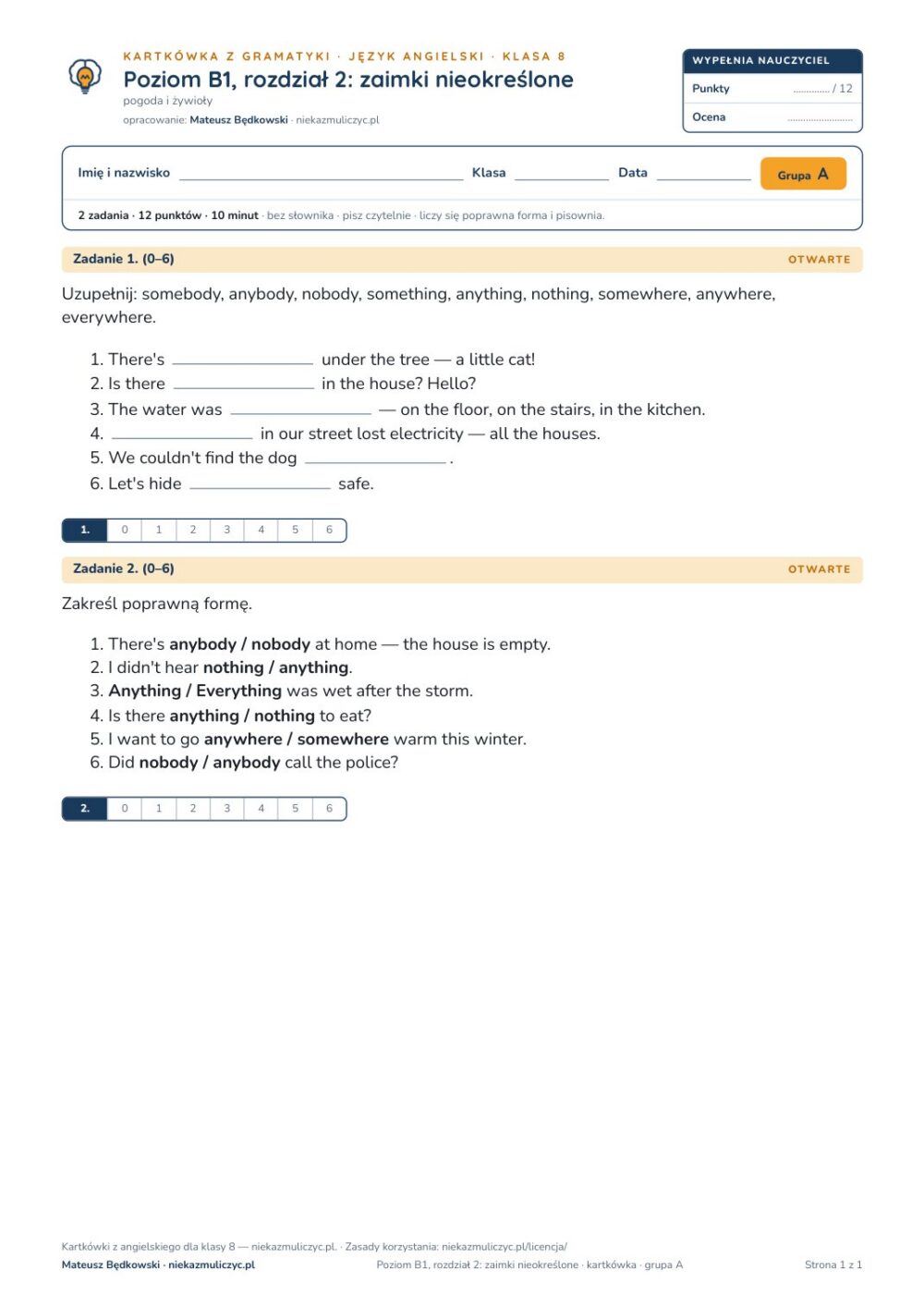 Kartkówka angielski B1 unit 2: gramatyka: zaimki nieokreślone — B–E — okładka