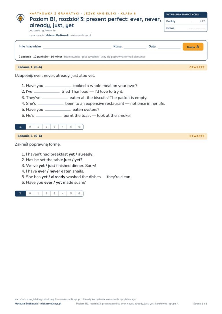 Kartkówka angielski klasa 8 B1 unit 3: gramatyka — B–E — okładka