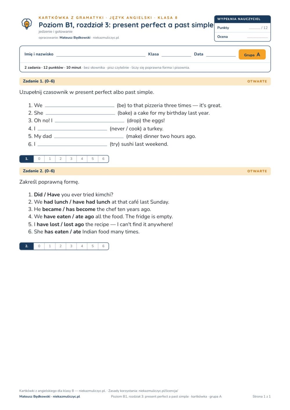 Angielski B1 unit 3: present perfect a past simple — kartkówka — okładka