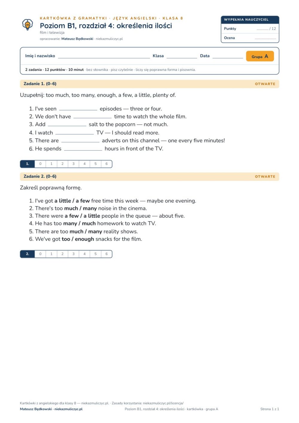 Angielski klasa 8 B1 unit 4: gramatyka: określenia ilości — kartkówka — okładka