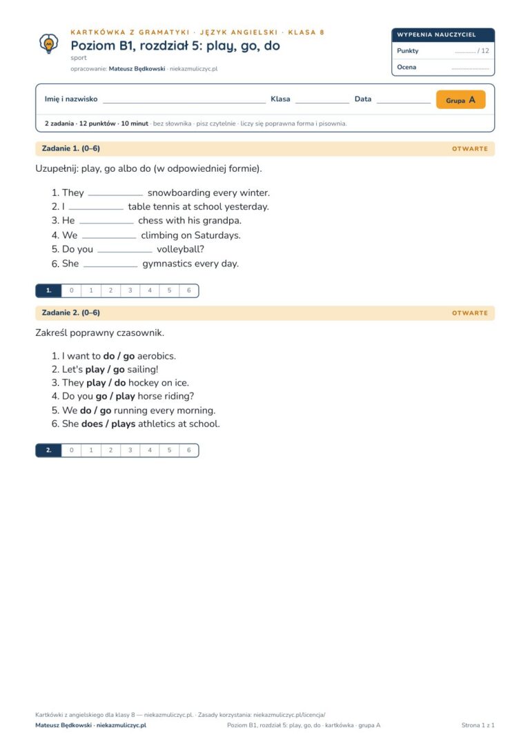 Kartkówka angielski klasa 8 B1 unit 5: gramatyka: play, go, do — B–E — okładka
