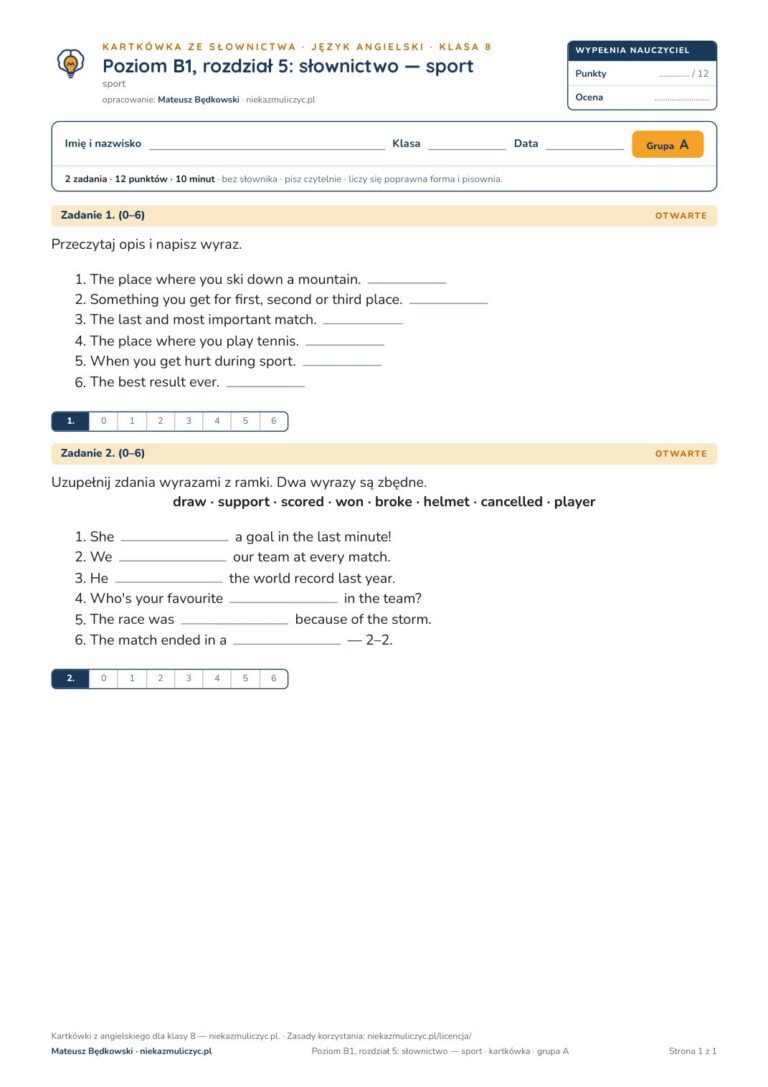 Kartkówka angielski klasa 8 B1 unit 5: słownictwo: sport — B–E — okładka