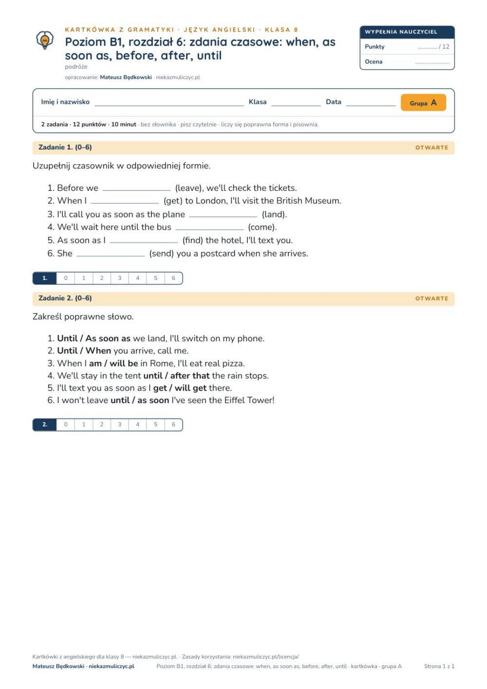 Kartkówka angielski klasa 8 B1 unit 6: gramatyka — B–E — okładka