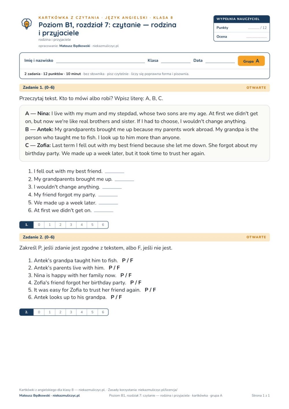 Kartkówka angielski B1 unit 7: czytanie: rodzina i przyjaciele — B–E — okładka