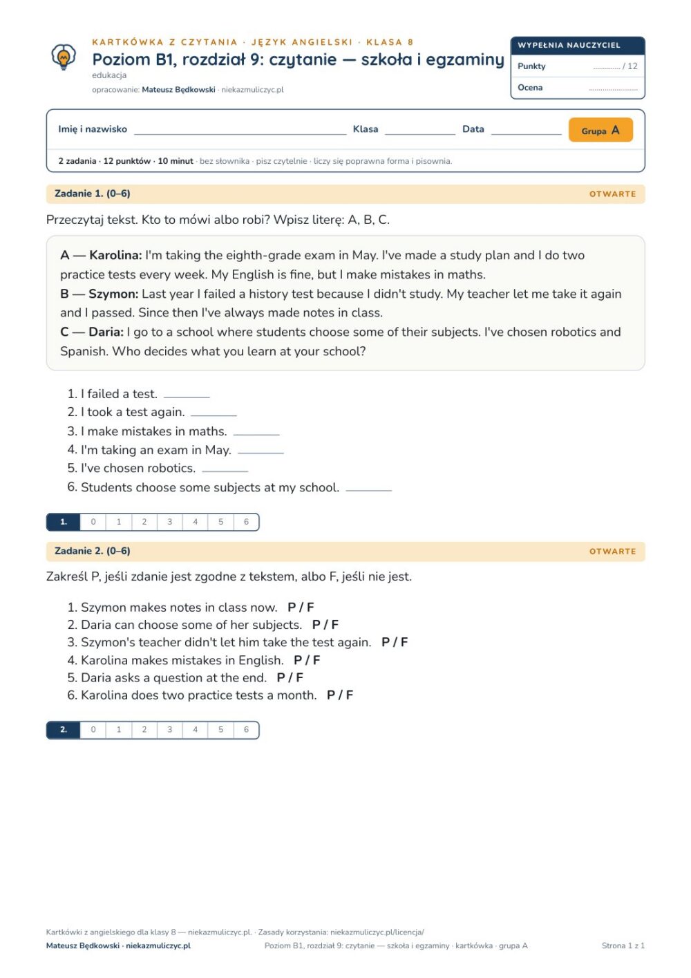 Angielski klasa 8 B1 unit 9: czytanie: szkoła i egzaminy — kartkówka — okładka