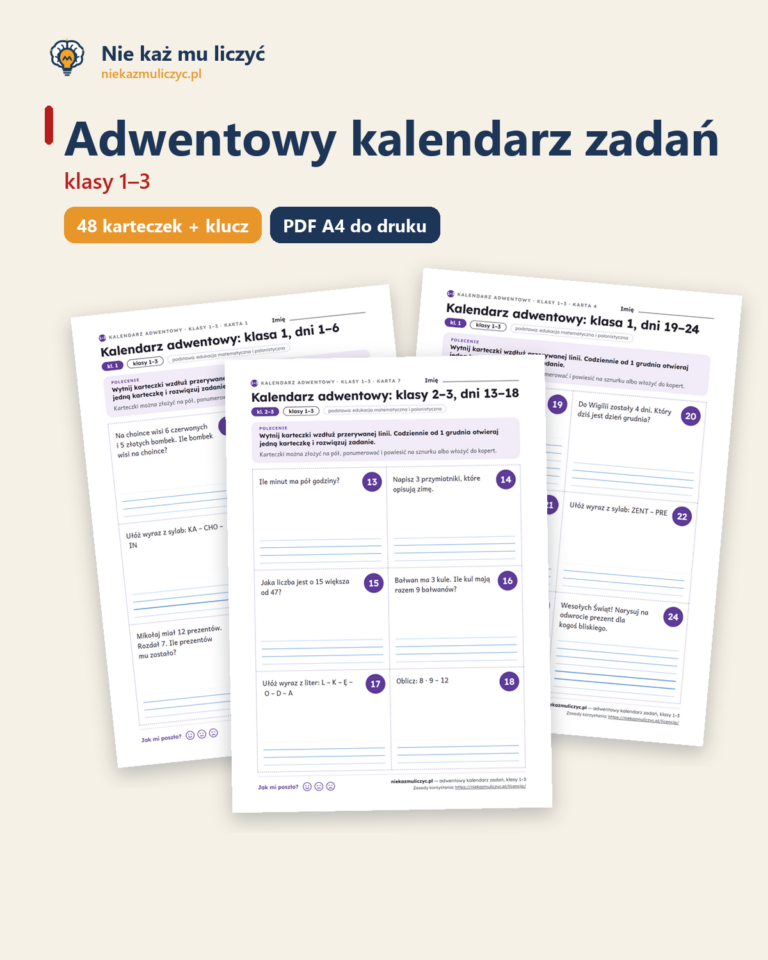 Adwentowy kalendarz zadań, klasy 1–3 — 48 kart pracy PDF z kluczem — okładka