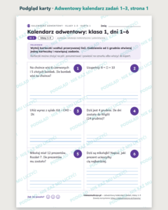 Adwentowy kalendarz zadań, klasy 1–3 — 48 kart pracy PDF z kluczem — podgląd karty, strona 1