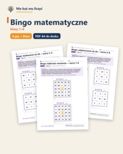 Bingo matematyczne, klasy 1–4 — 4 gry, 32 karty do druku PDF — okładka