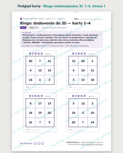 Bingo matematyczne, klasy 1–4 — 4 gry, 32 karty do druku PDF — podgląd karty, strona 1