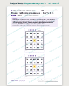 Bingo matematyczne, klasy 1–4 — 4 gry, 32 karty do druku PDF — podgląd karty, strona 8
