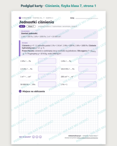 Ciśnienie, fizyka klasa 7 — 10 kart pracy PDF z kluczem — podgląd karty, strona 1
