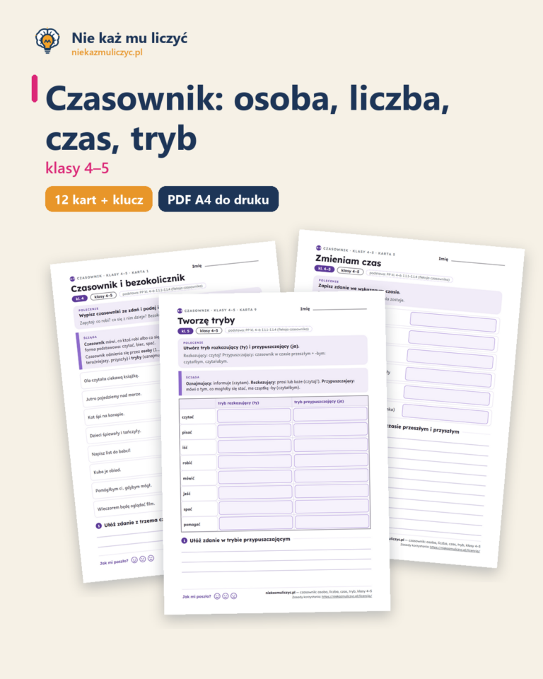 Czasownik: osoba, liczba, czas, tryb, klasy 4–5 — 12 kart z kluczem — okładka