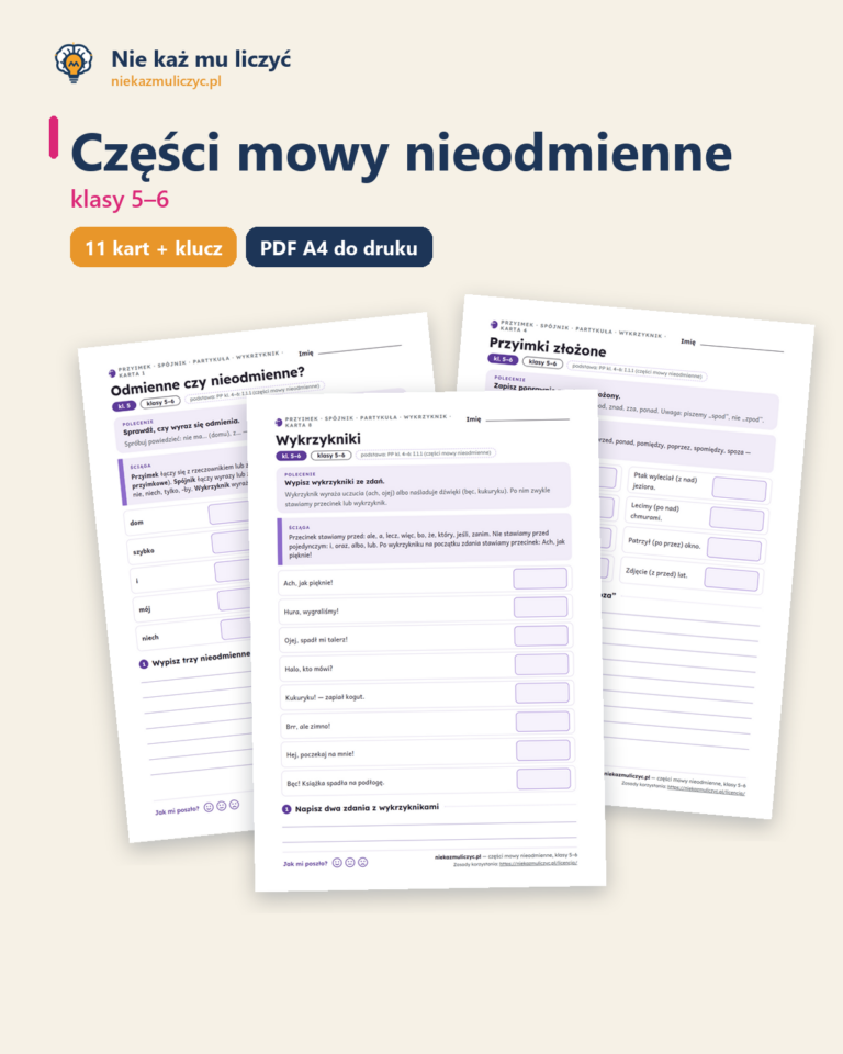 Części mowy nieodmienne, klasy 5–6 — 11 kart pracy PDF z kluczem — okładka