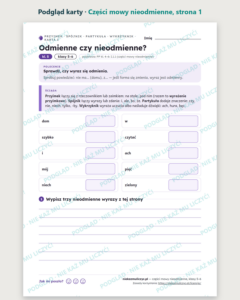 Części mowy nieodmienne, klasy 5–6 — 11 kart pracy PDF z kluczem — podgląd karty, strona 1