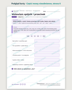 Części mowy nieodmienne, klasy 5–6 — 11 kart pracy PDF z kluczem — podgląd karty, strona 6
