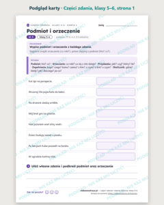 Części zdania i zdania złożone, klasy 5–6 — 12 kart PDF z kluczem — podgląd karty, strona 1