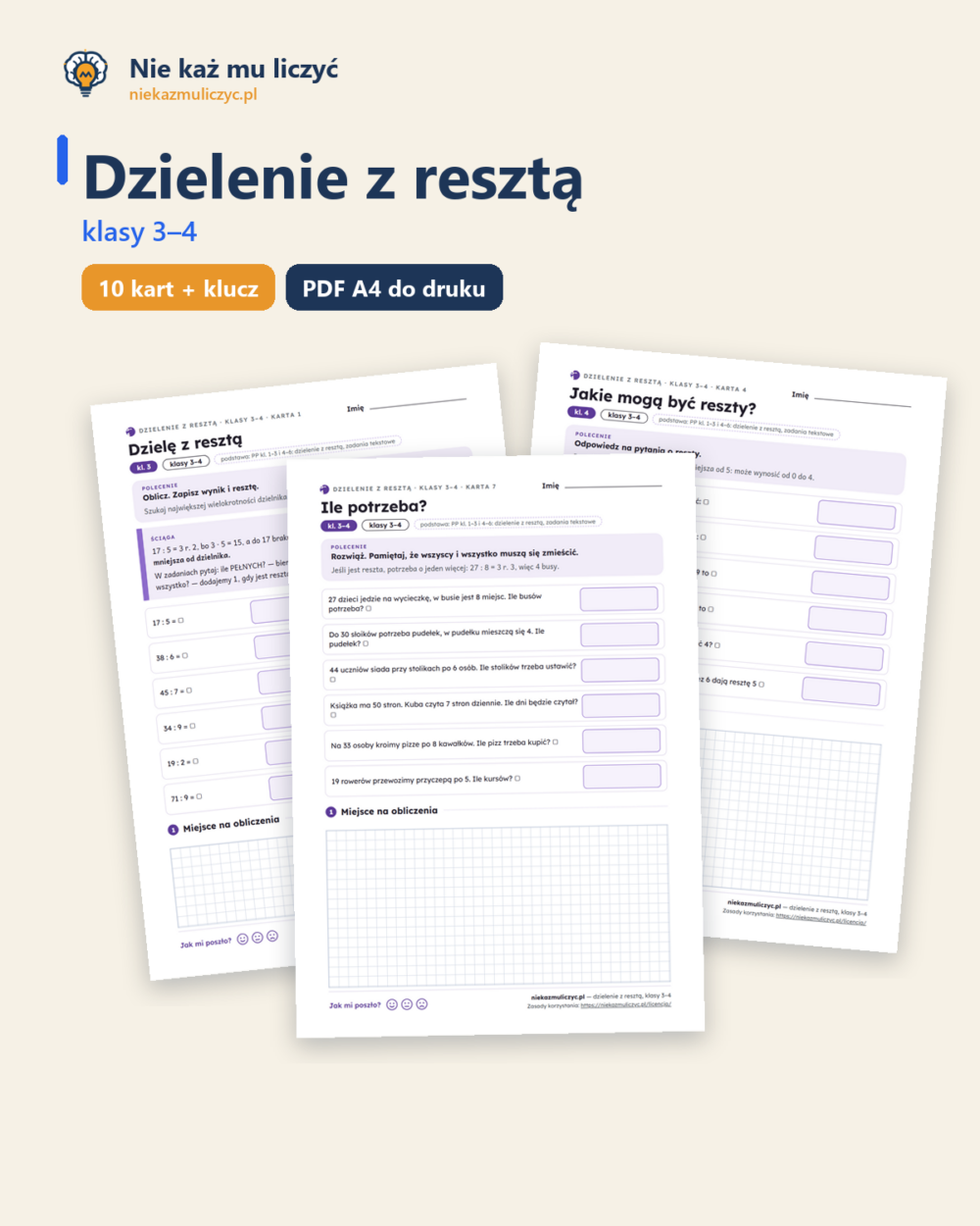 Dzielenie z resztą, klasy 3–4 — 10 kart pracy PDF z kluczem — okładka