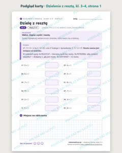 Dzielenie z resztą, klasy 3–4 — 10 kart pracy PDF z kluczem — podgląd karty, strona 1
